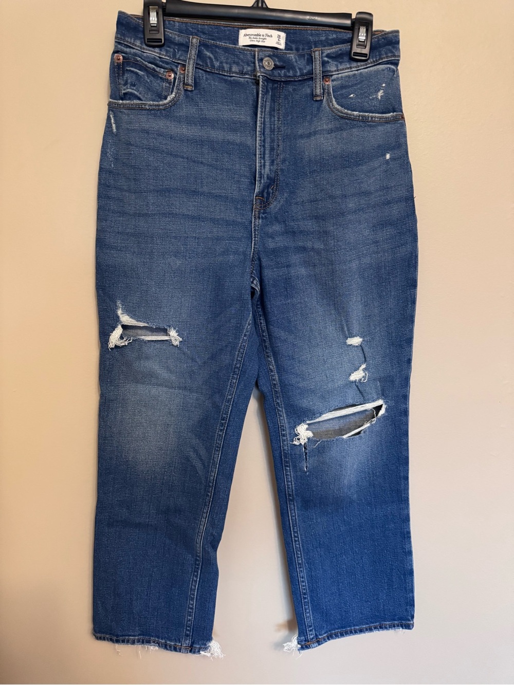 Abercrombie & Fitch Women's Ultra High Rise Straight Leg Distressed Blue Jeans